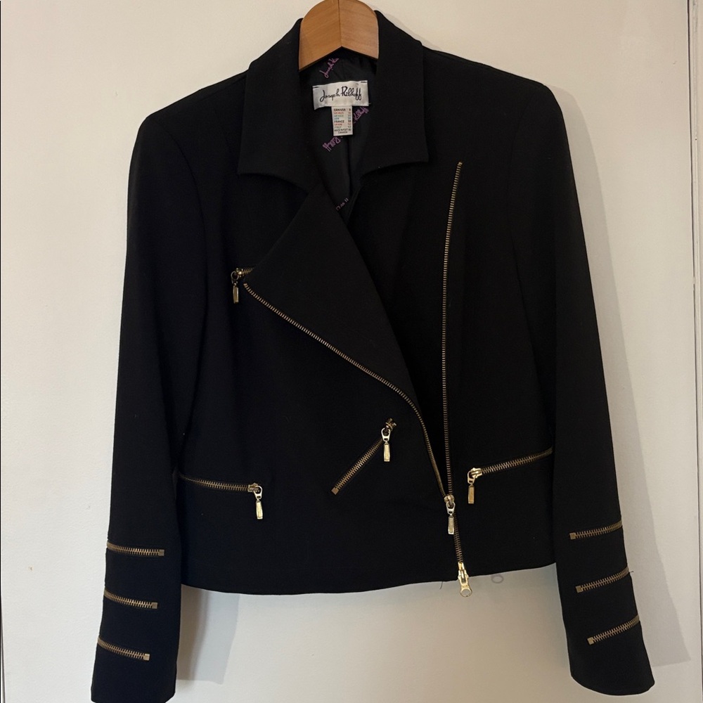 Joseph Ribkoff Black Asymmetrical Zip Blazer with Gold Zippers - Picture 3 of 6
